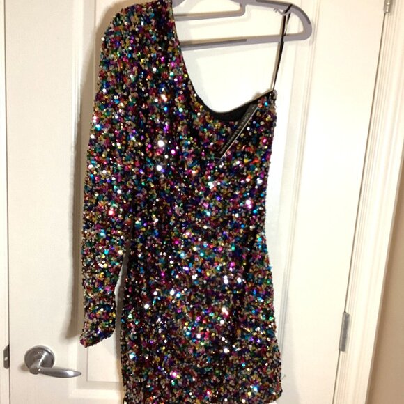 NWT LOVE & LEMONADE Women's One Shoulder Bodycon Sequin Dress Multicolored - Picture 2 of 8